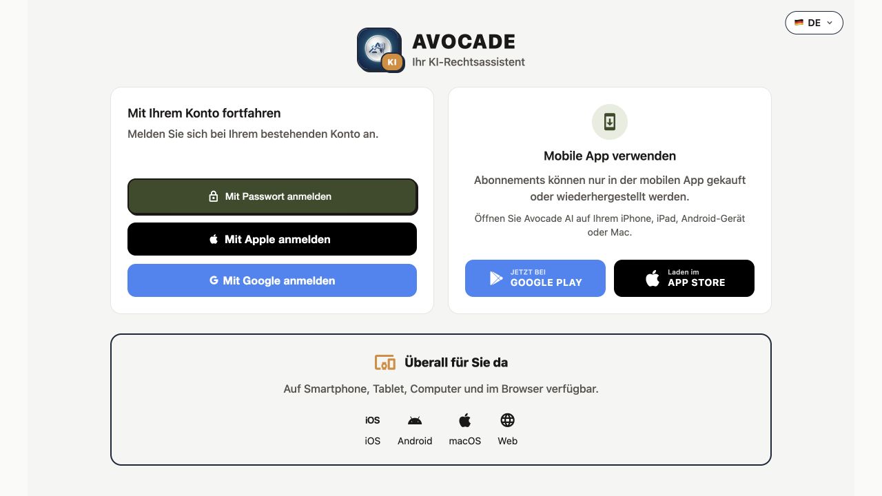 Deutschsprachige Anmeldung von Avocade AI im Browser mit Verweisen auf die mobilen Apps