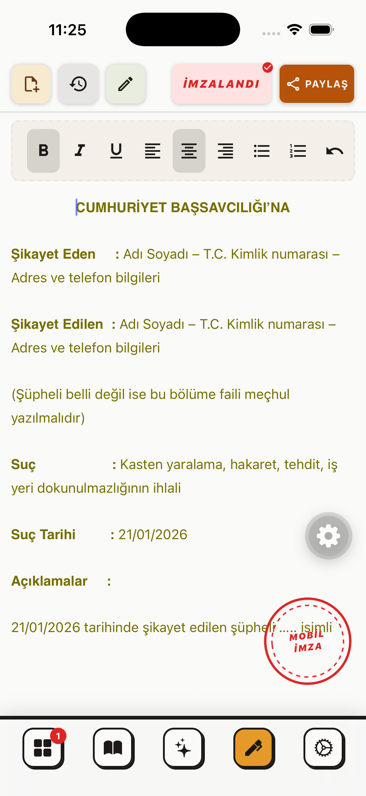 Avukatım YZ belge editöründe hazırlanmış dilekçe ve dışa aktarma ekranı