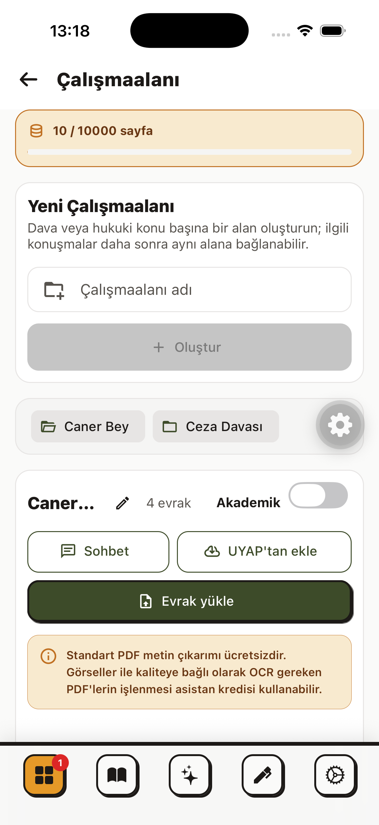 Avukatım YZ çalışma alanında evrak yükleme ve dosya bazlı belge analizi ekranı